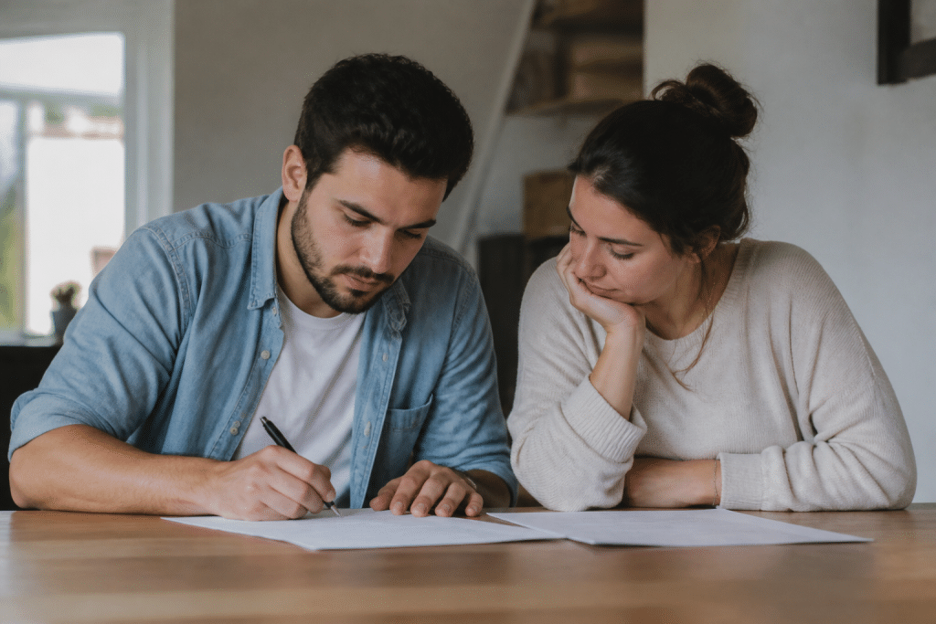 Couple signant documents immobiliers avec stylo noir