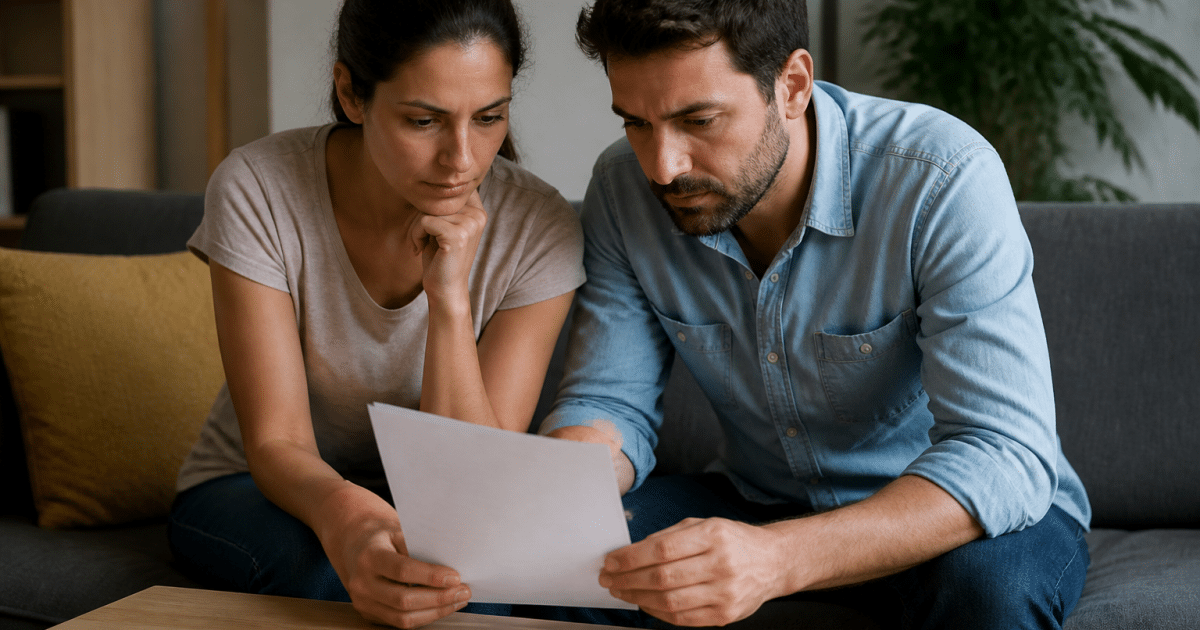 Couple examinant documents contrat immobilier ensemble assis
