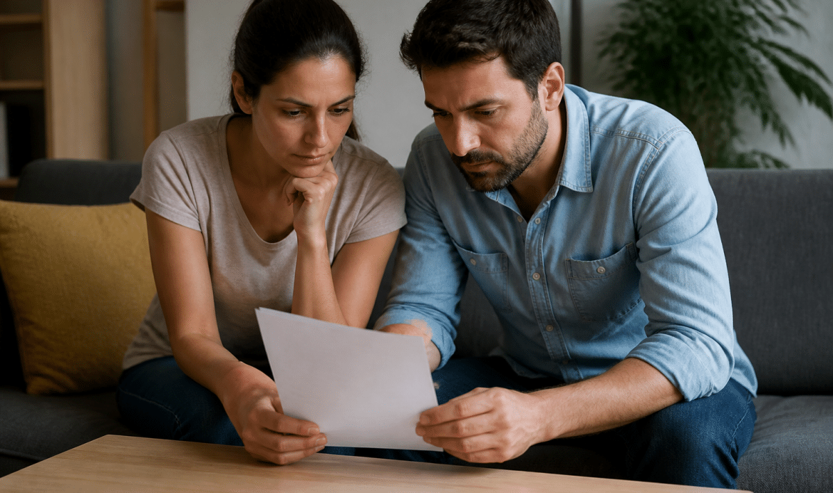Couple examinant documents contrat immobilier ensemble assis