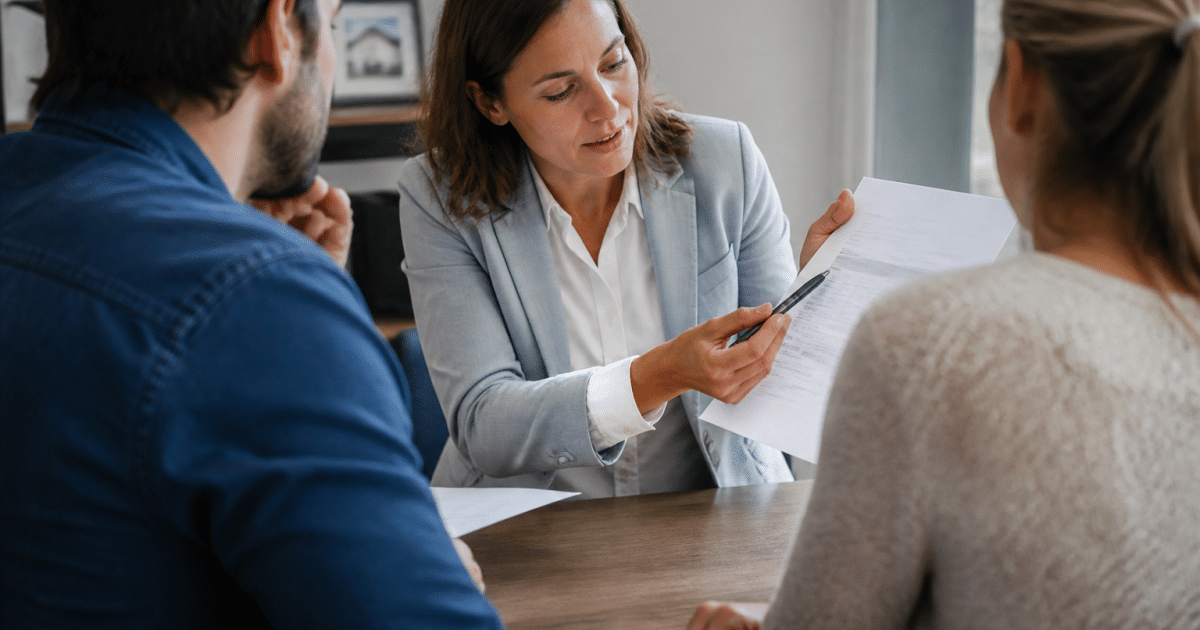 Agent immobilier presentant contrat avec pourcentage commission visible