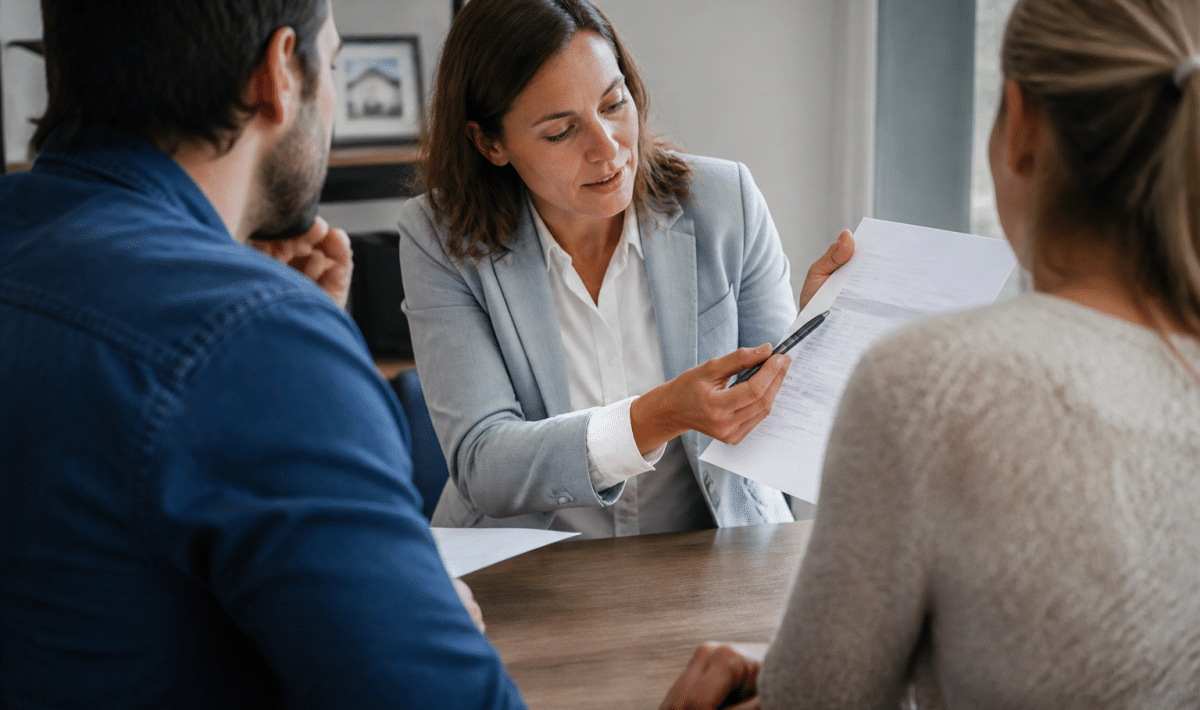 Agent immobilier presentant contrat avec pourcentage commission visible
