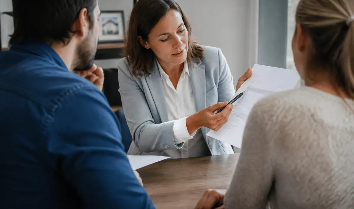Agent immobilier presentant contrat avec pourcentage commission visible