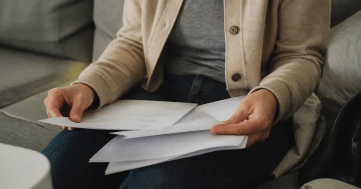 Personne assise tenant documents pret bancaire et certificat maladie