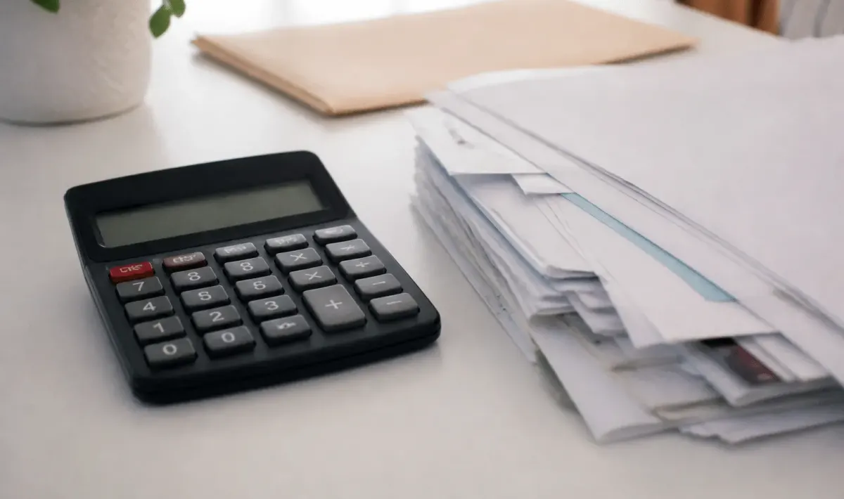 Calculatrice et documents pret immobilier sur bureau blanc
