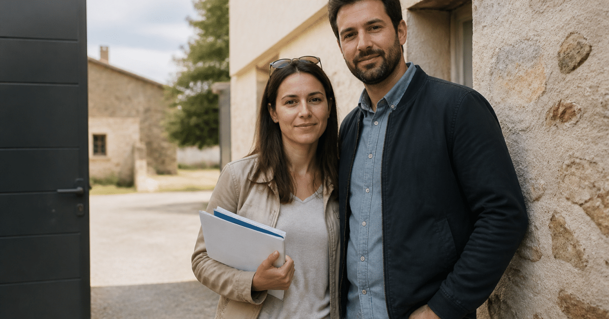 Couple age mur debout devant maison avec documents pret