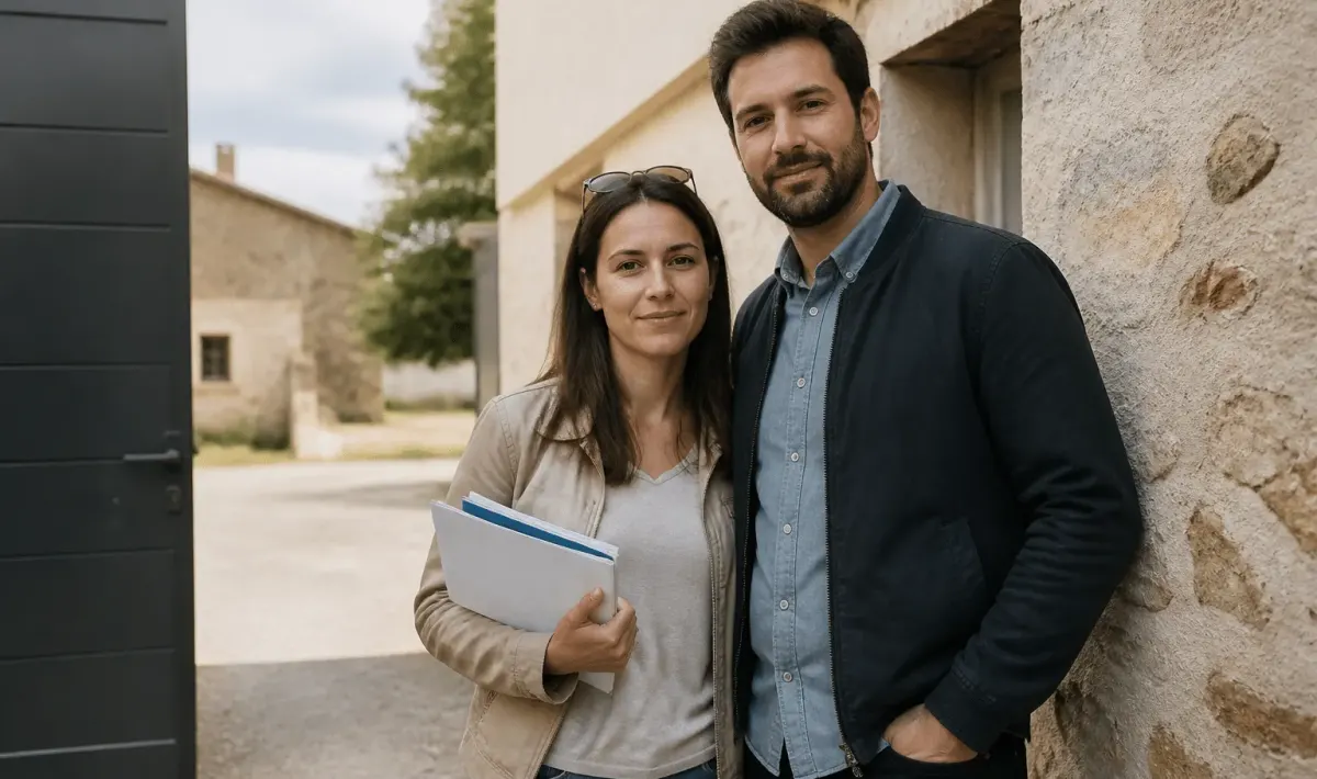 Couple age mur debout devant maison avec documents pret