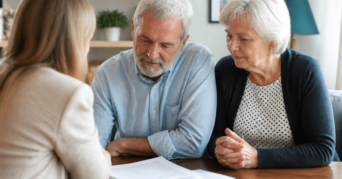 Couple senior assis consultant document assurance immobilier