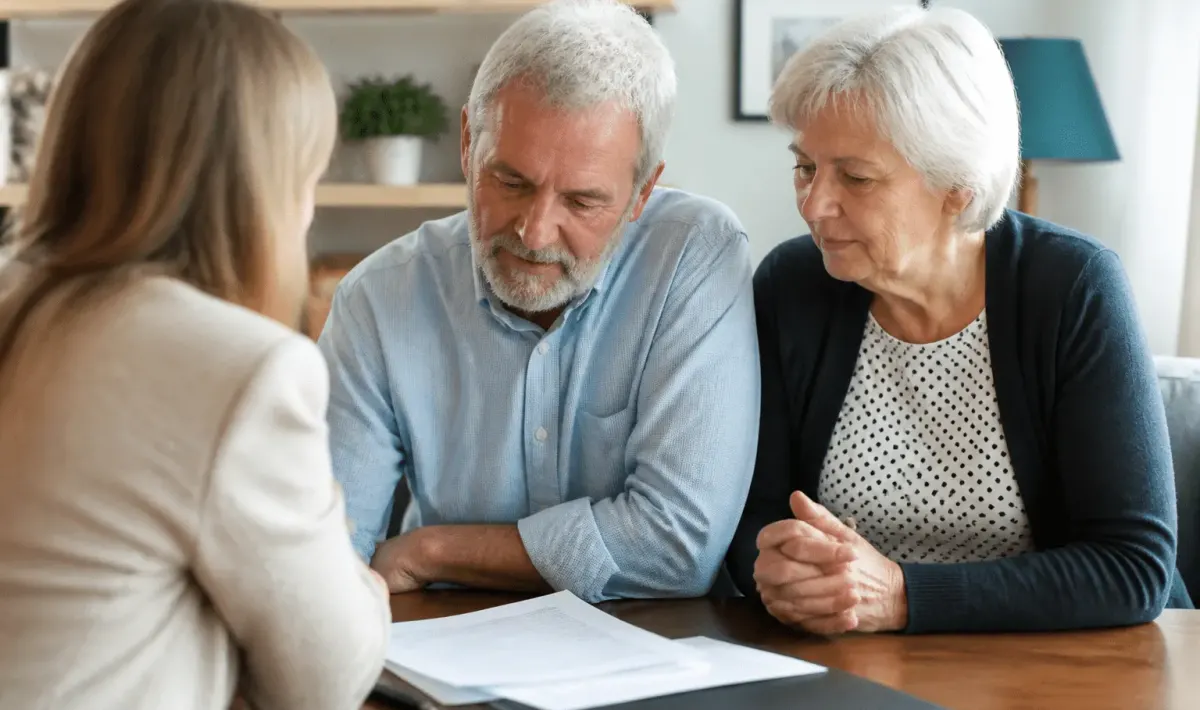 Couple senior assis consultant document assurance immobilier