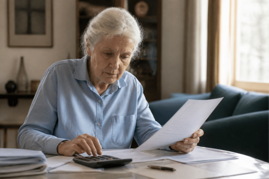 Personne senior consultant documents d'assurance avec calculatrice