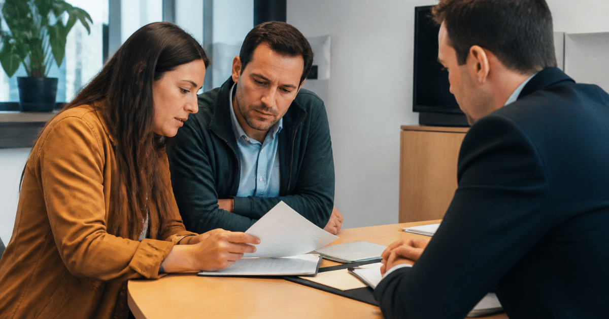 Couple examinant documents pret immobilier avec banquier assis