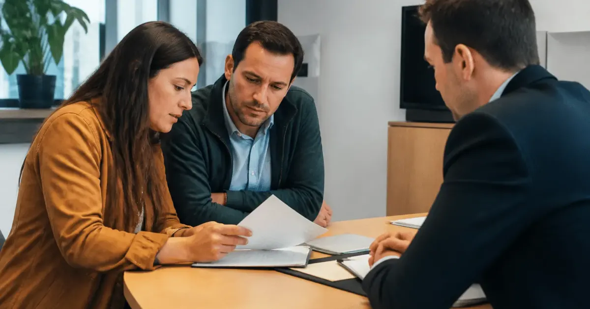 Couple examinant documents pret immobilier avec banquier assis