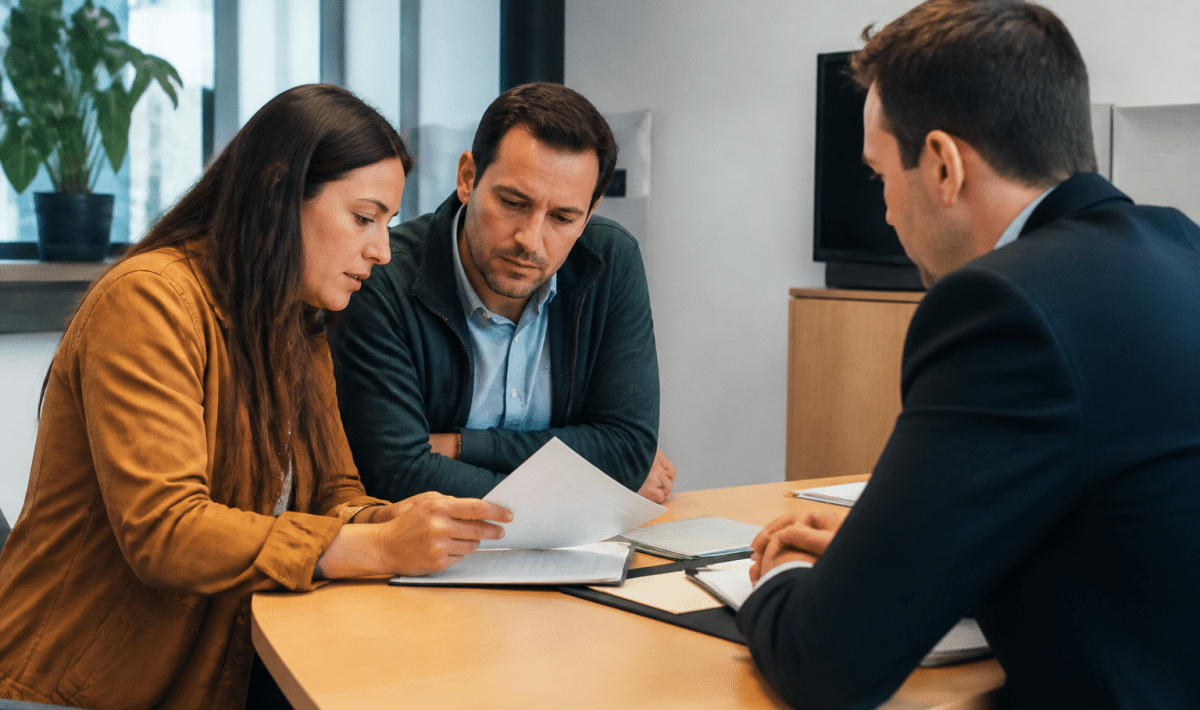 Couple examinant documents pret immobilier avec banquier assis