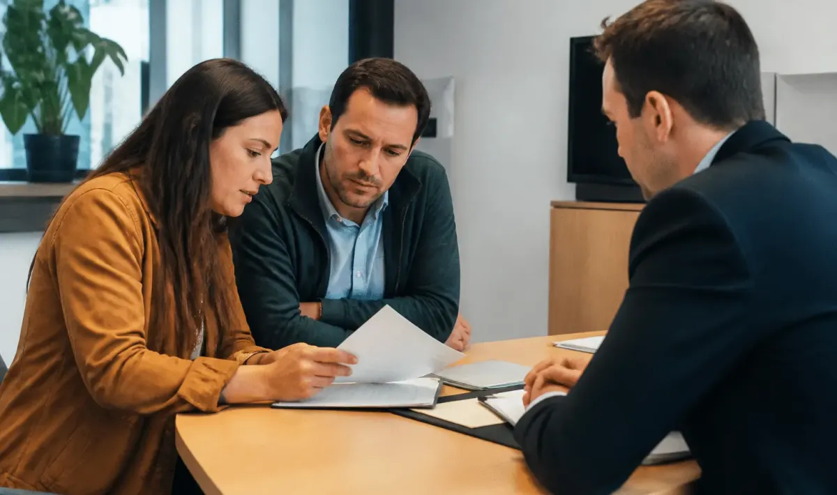 Couple examinant documents pret immobilier avec banquier assis