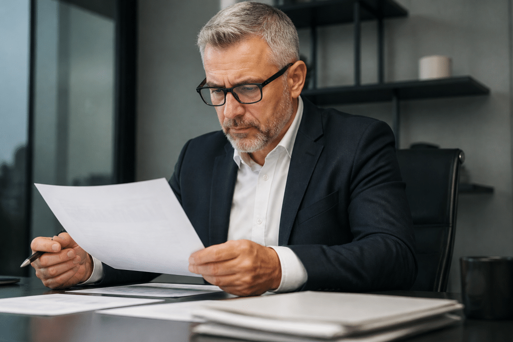Banquier examinant documents financiers sur bureau professionnel