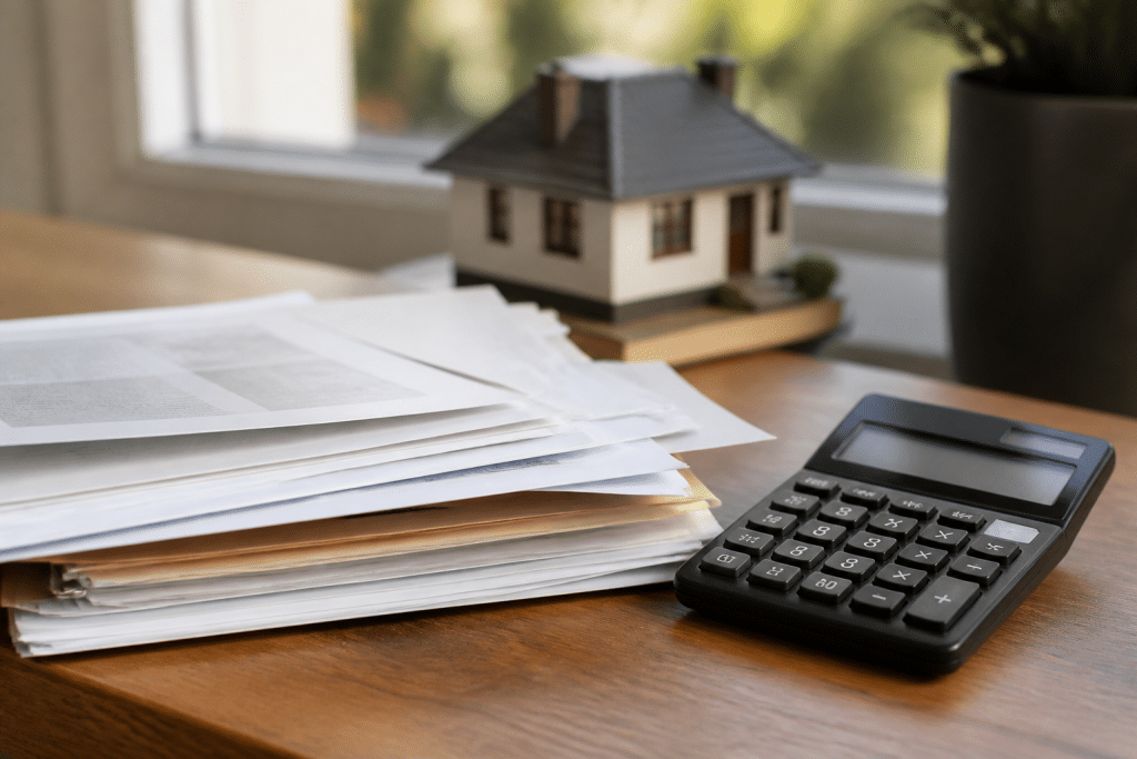 Documents immobiliers et calculatrice affichant gains financiers