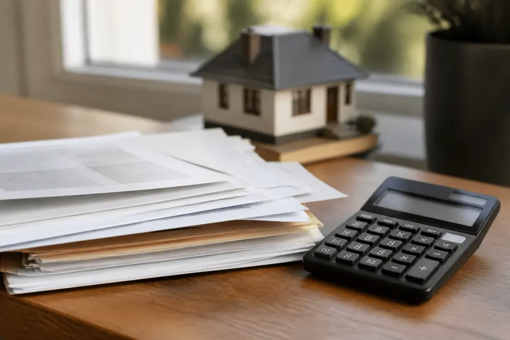 Documents immobiliers et calculatrice affichant gains financiers