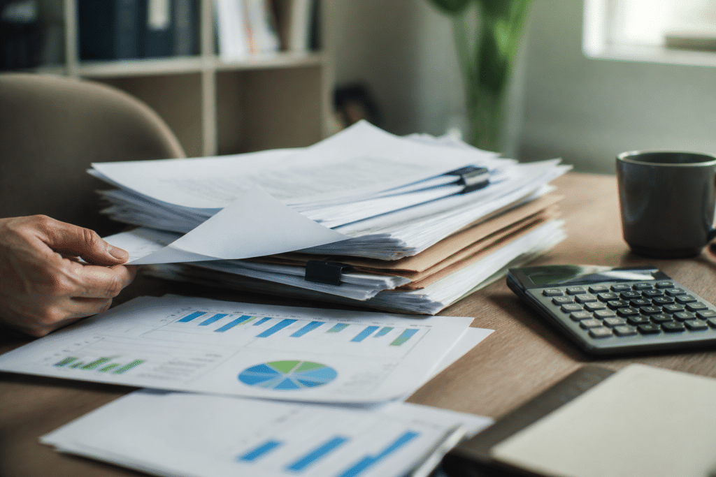 Dossier bancaire avec documents, calculatrice et graphiques de revenus