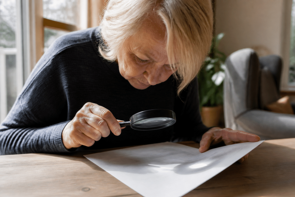 Personne lisant document contrat avec loupe grossissante