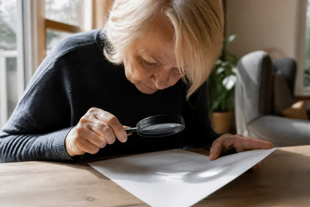 Personne lisant document contrat avec loupe grossissante