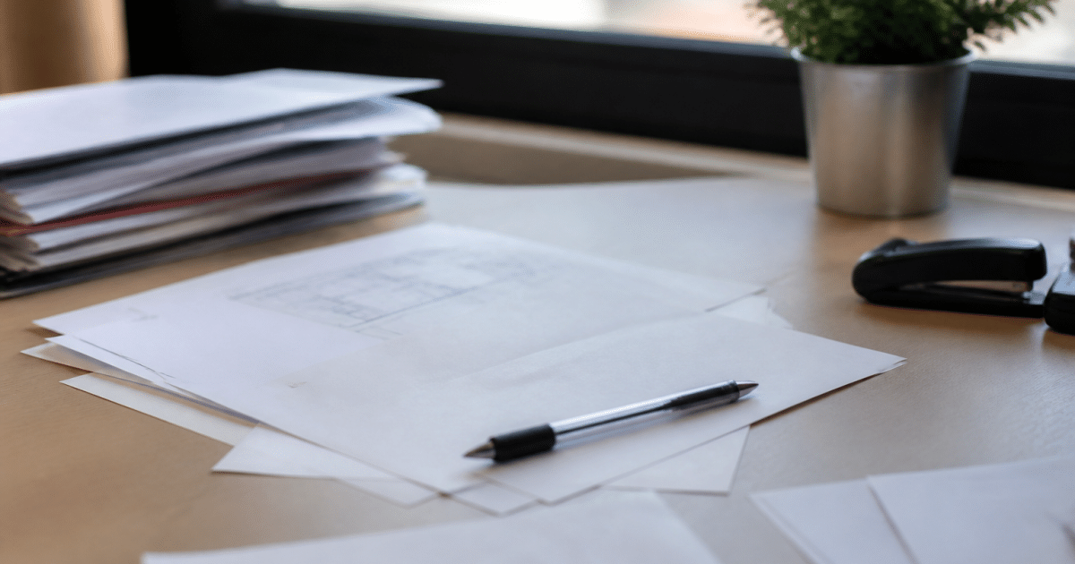 Documents immobiliers et stylo posés sur bureau administratif