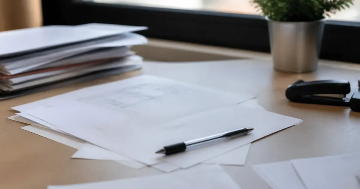 Documents immobiliers et stylo posés sur bureau administratif