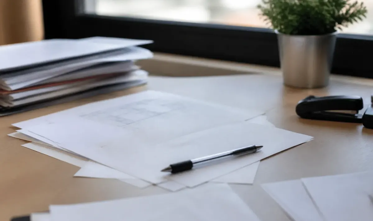 Documents immobiliers et stylo posés sur bureau administratif