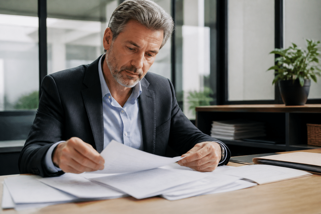 Courtier senior comparant documents pret bancaires sur bureau