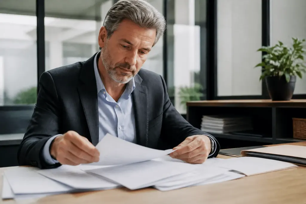 Courtier senior comparant documents pret bancaires sur bureau