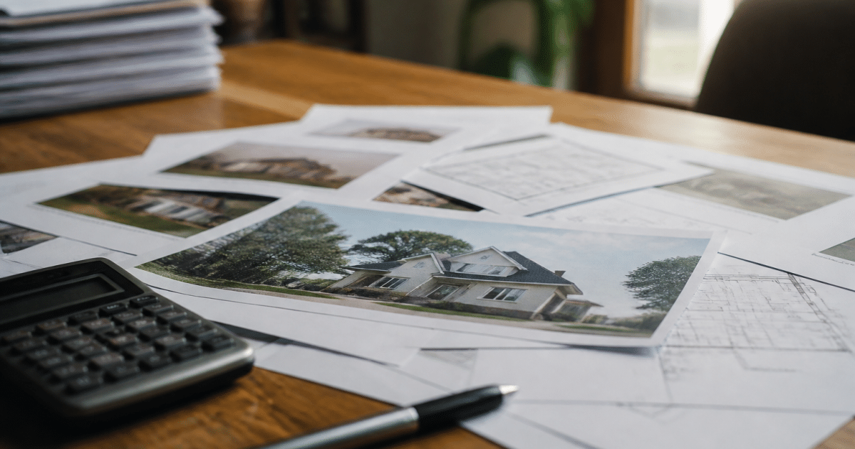 Documents immobiliers etales sur bureau avec calculatrice et stylo