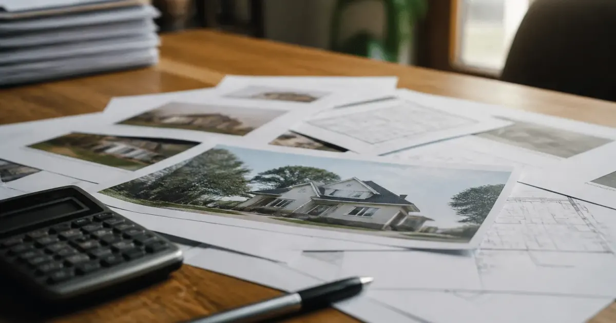 Documents immobiliers etales sur bureau avec calculatrice et stylo