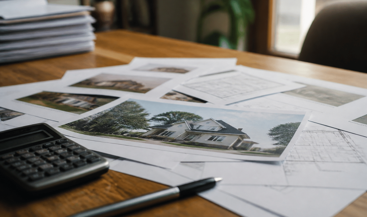 Documents immobiliers etales sur bureau avec calculatrice et stylo