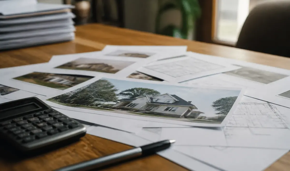 Documents immobiliers etales sur bureau avec calculatrice et stylo