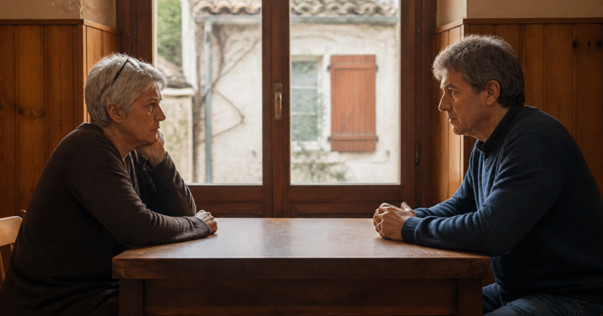Maison divisee entre deux proprietaires assis face a face