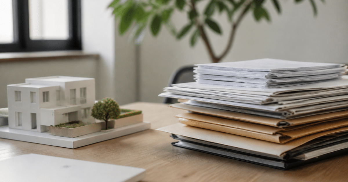 Documents administratifs empiles sur bureau pres maquette maison blanche