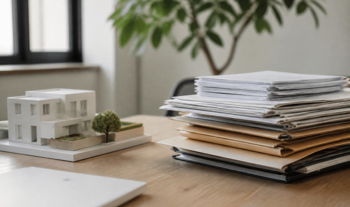 Documents administratifs empiles sur bureau pres maquette maison blanche
