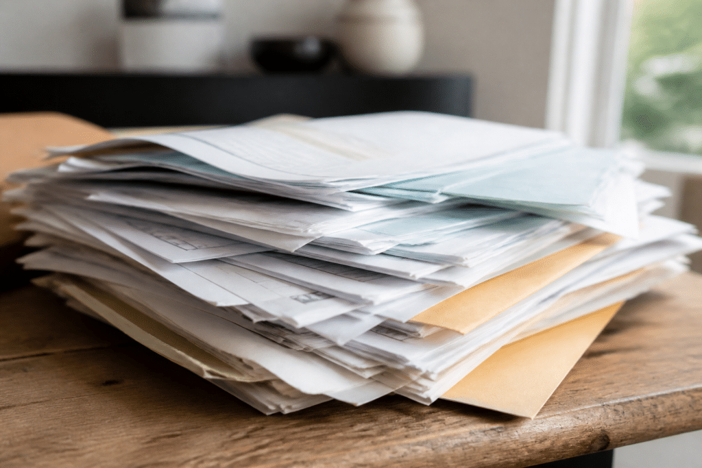 Documents financiers et relevés bancaires empilés sur bureau