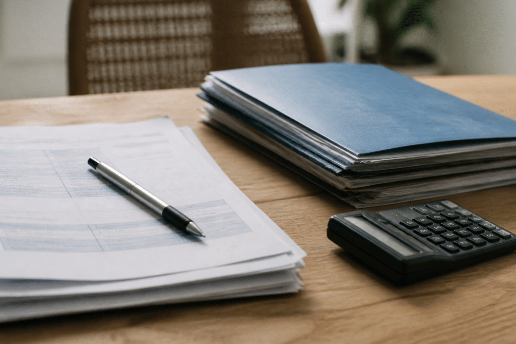 Documents assurance avec stylo, calculatrice et dossier medical