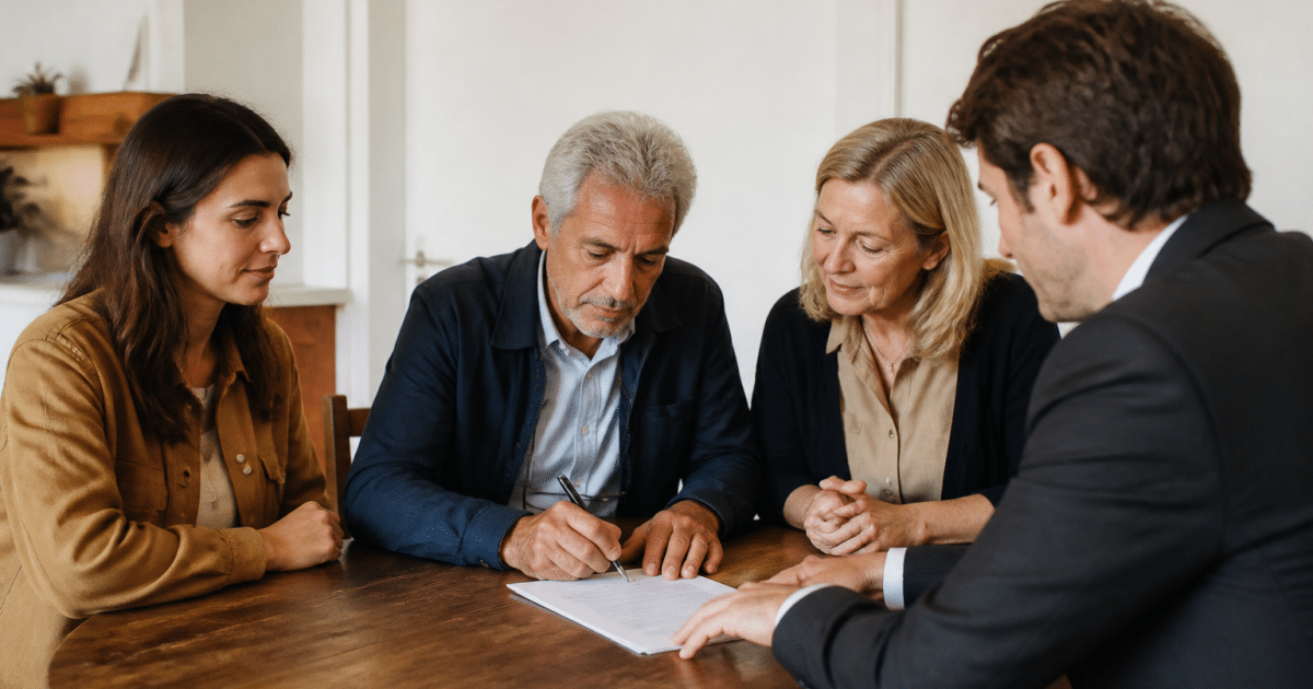 Famille autour table signant documents propriete immobiliere