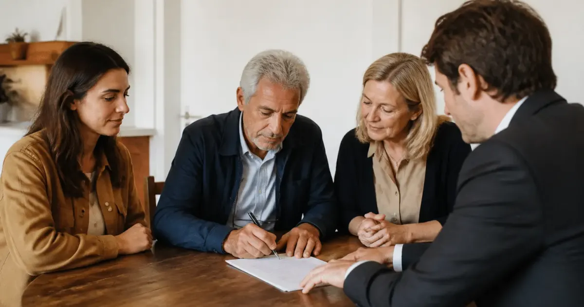 Famille autour table signant documents propriete immobiliere