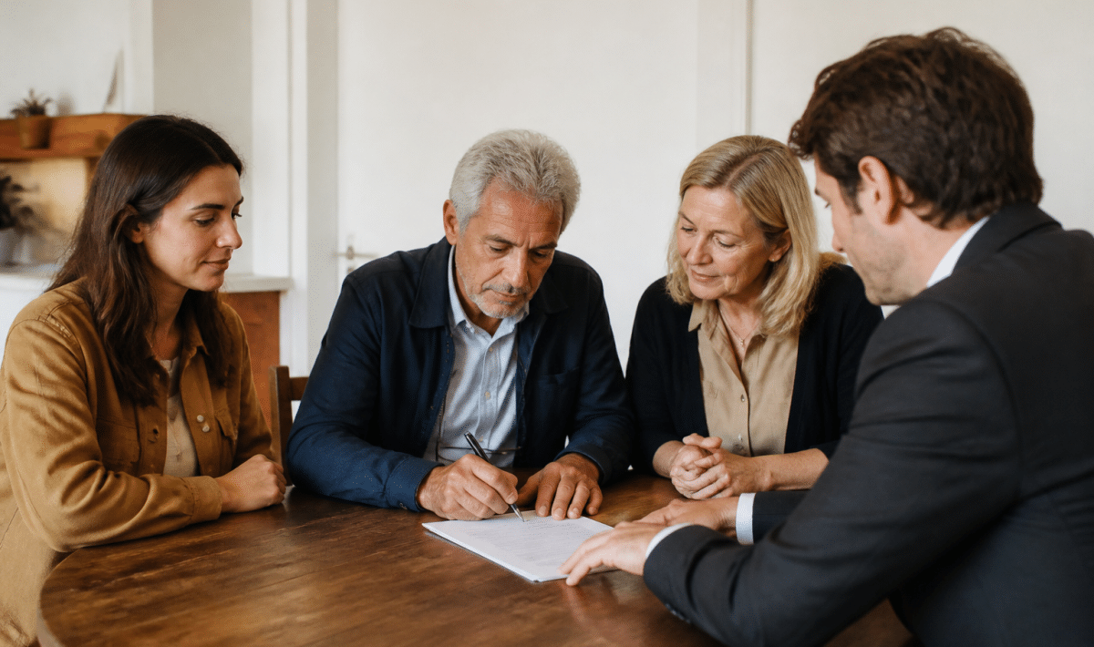 Famille autour table signant documents propriete immobiliere