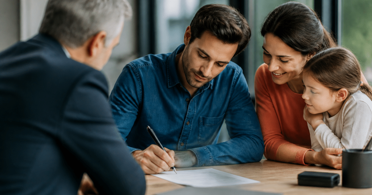 Famille signant documents pret bancaire assis bureau