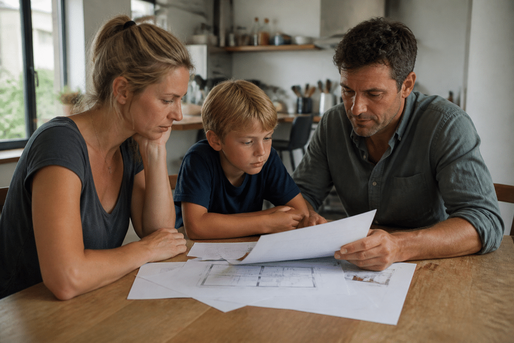 Famille examinant documents immobiliers autour table bois