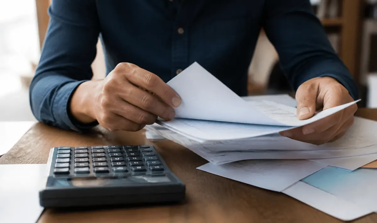 Mains tenant documents financiers sur bureau avec calculatrice