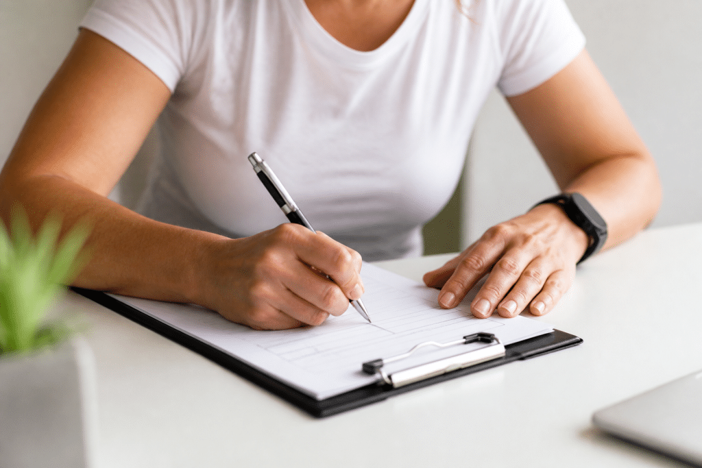 Formulaire médical complété avec stylo sur bureau blanc
