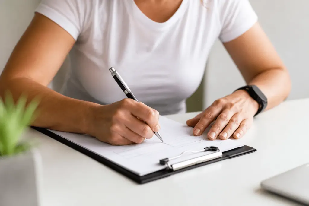 Formulaire médical complété avec stylo sur bureau blanc