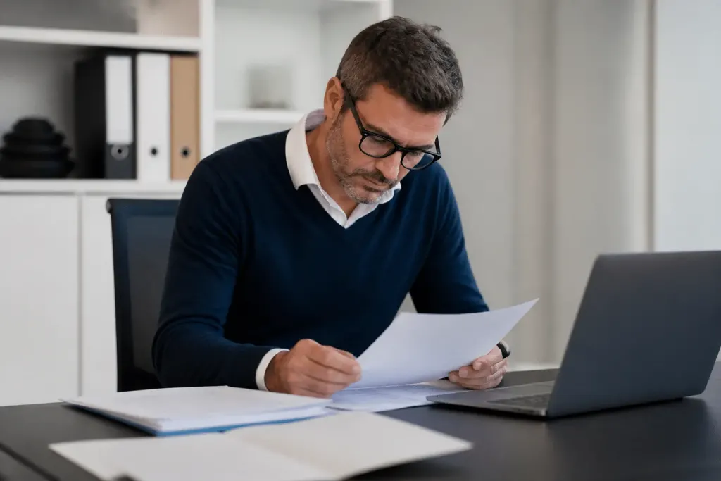 Homme consultant document financier à son bureau