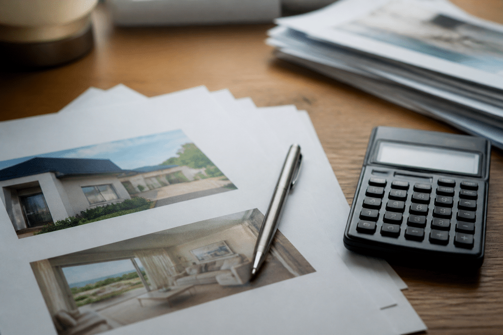 Documents d'investissement immobilier avec stylo et calculatrice