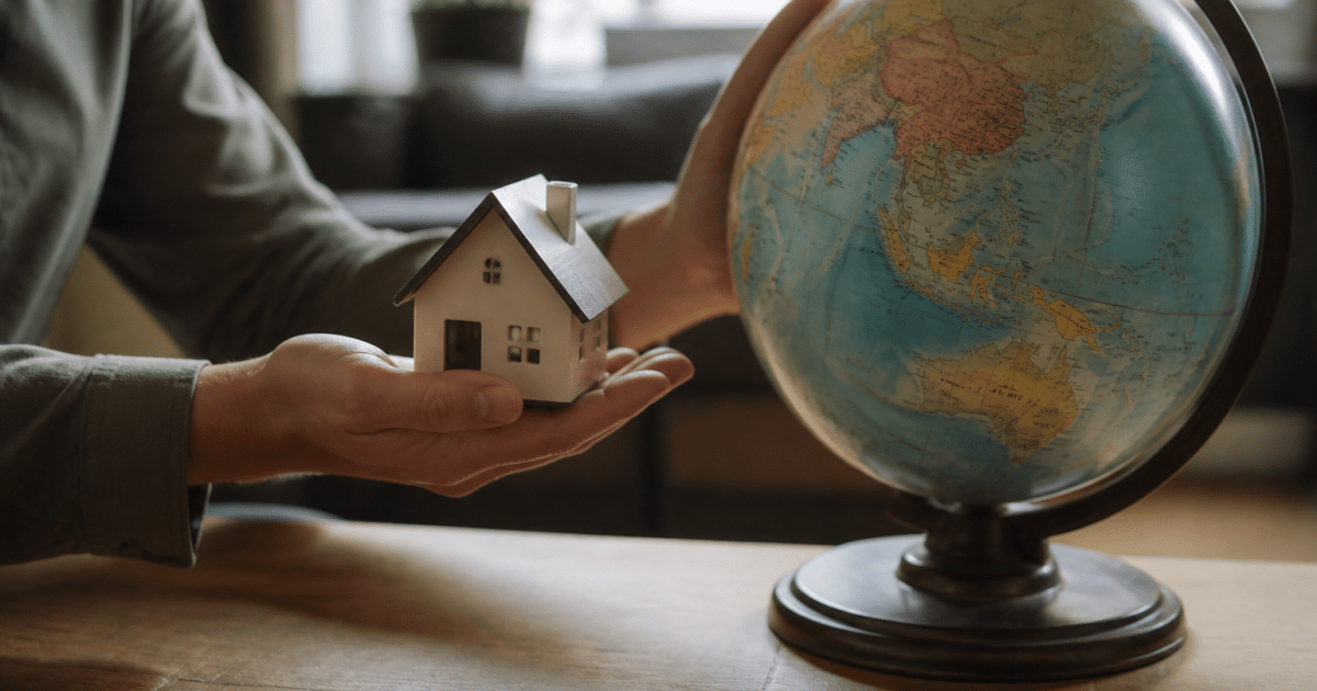 Mains tenant maquette maison devant globe terrestre rotatif