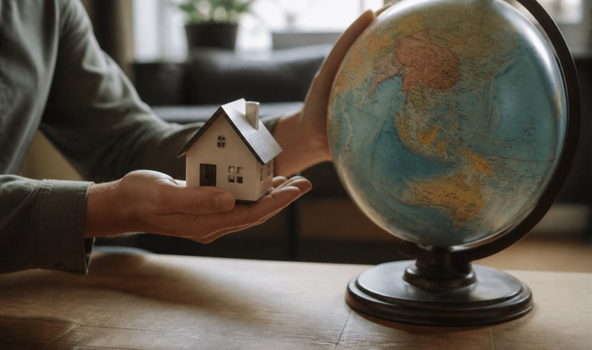 Mains tenant maquette maison devant globe terrestre rotatif