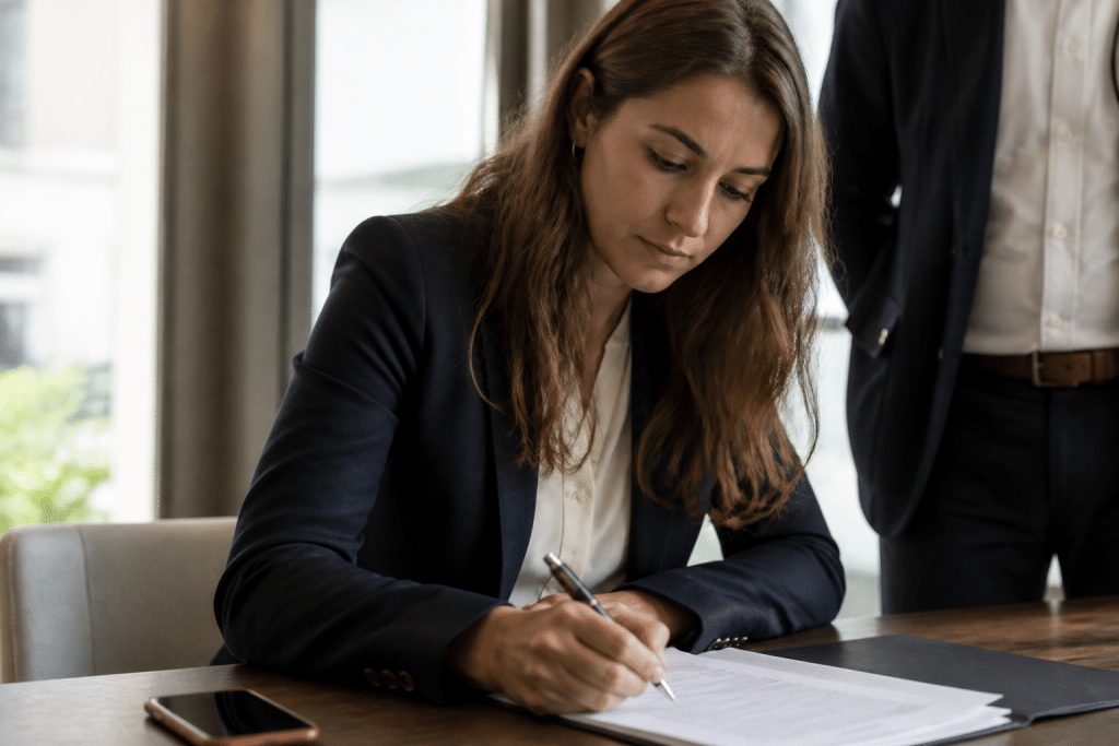 Agent immobilier signant contrat avec stylo sur bureau